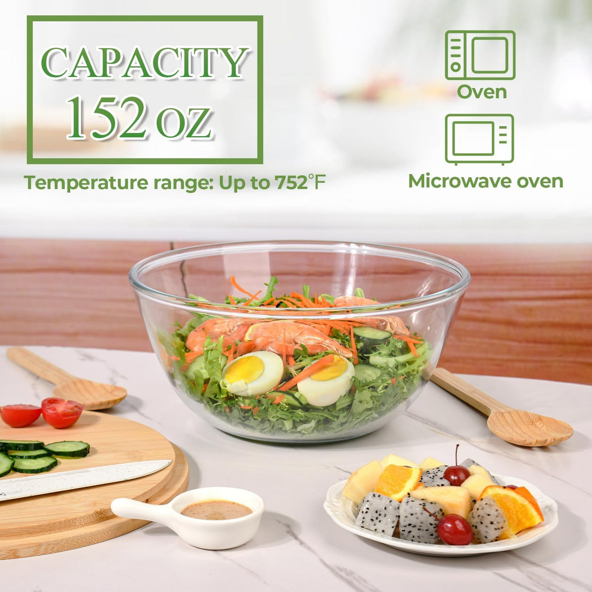 Glass Salad Bowl with Sealing Lid, 10.6Inch Large Trifle Bowl Glass Fruit Bowl, 4.7 Quart Large Capacity Serving Bowls for Salad, Pasta, Fruit, Dessert Display Cake, Microwave Safe