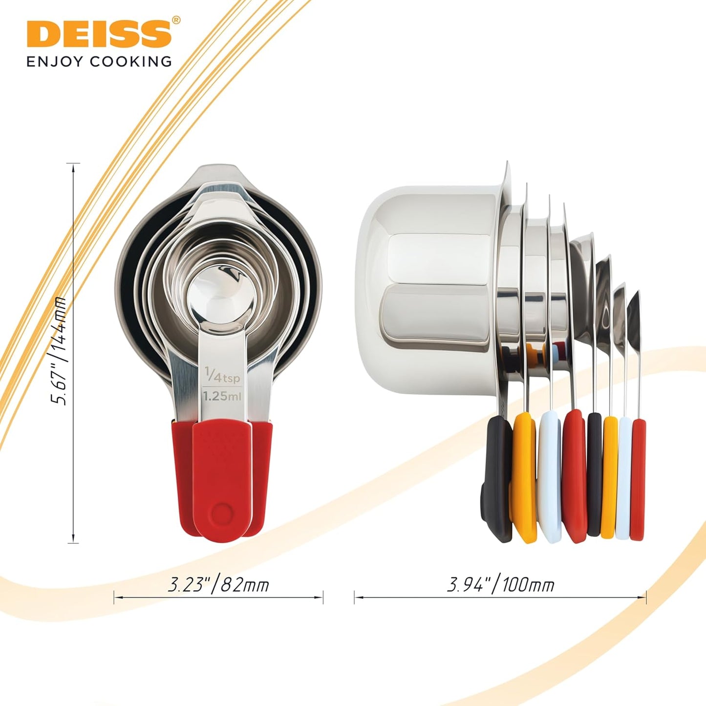 Deiss LUX Stainless Steel Measuring Cups and Spoons Set - Magnetic Measuring Spoons Set, 8-Piece Metal Measuring Cups, 4 Dry Measuring Cups, 4 Spoons, Color-Coded Handles, Dishwasher Safe