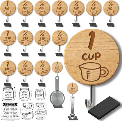Measuring Cup and Spoon Organizer,14 Pack Adhesive Wood Hooks for Hanging with 2 Kitchen Conversion Chart Stickers,14 Pack adhesive magnetic sheets, measuring cup hooks for inside cabinet door