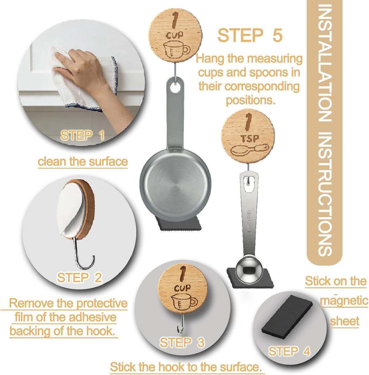 Measuring Cup and Spoon Organizer,14 Pack Adhesive Wood Hooks for Hanging with 2 Kitchen Conversion Chart Stickers,14 Pack adhesive magnetic sheets, measuring cup hooks for inside cabinet door