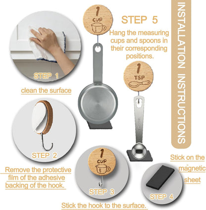 Measuring Cup and Spoon Organizer,14 Pack Adhesive Wood Hooks for Hanging with 2 Kitchen Conversion Chart Stickers,14 Pack adhesive magnetic sheets, measuring cup hooks for inside cabinet door