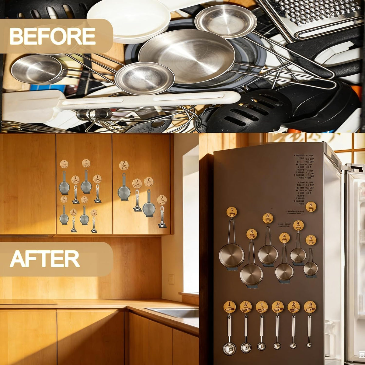 Measuring Cup and Spoon Organizer,14 Pack Adhesive Wood Hooks for Hanging with 2 Kitchen Conversion Chart Stickers,14 Pack adhesive magnetic sheets, measuring cup hooks for inside cabinet door