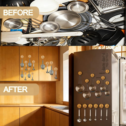 Measuring Cup and Spoon Organizer,14 Pack Adhesive Wood Hooks for Hanging with 2 Kitchen Conversion Chart Stickers,14 Pack adhesive magnetic sheets, measuring cup hooks for inside cabinet door