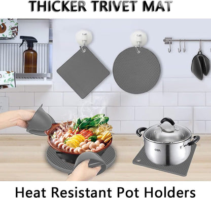 Silicone Trivet Pot Mat, Silicone Pot Holders for Hot Pan and Pot Pads. Heat Resistant Counter Mats for Tables Placemats,Countertops, Spoon Rest and Large Coasters,4 Pack Gray(2 Squared + 2 Round)
