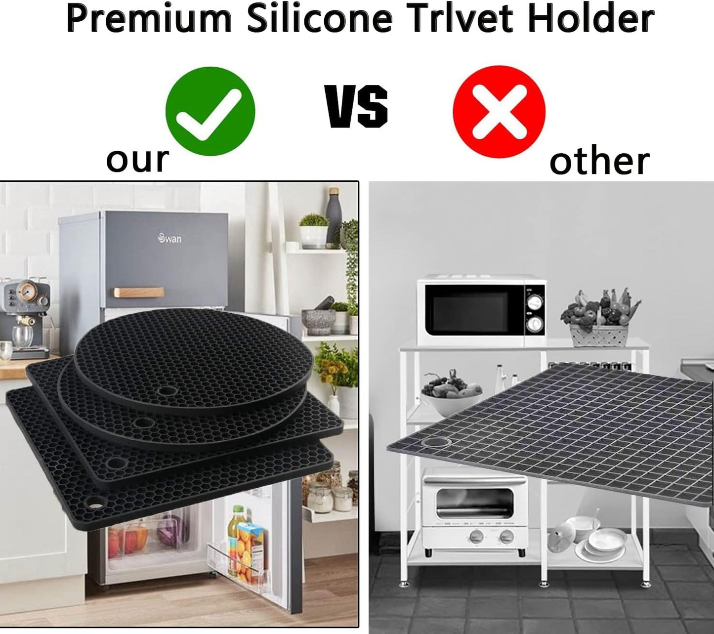 Silicone Trivet Pot Mat, Silicone Pot Holders for Hot Pan and Pot Pads. Heat Resistant Counter Mats for Tables Placemats,Countertops, Spoon Rest and Large Coasters,4 Pack Gray(2 Squared + 2 Round)