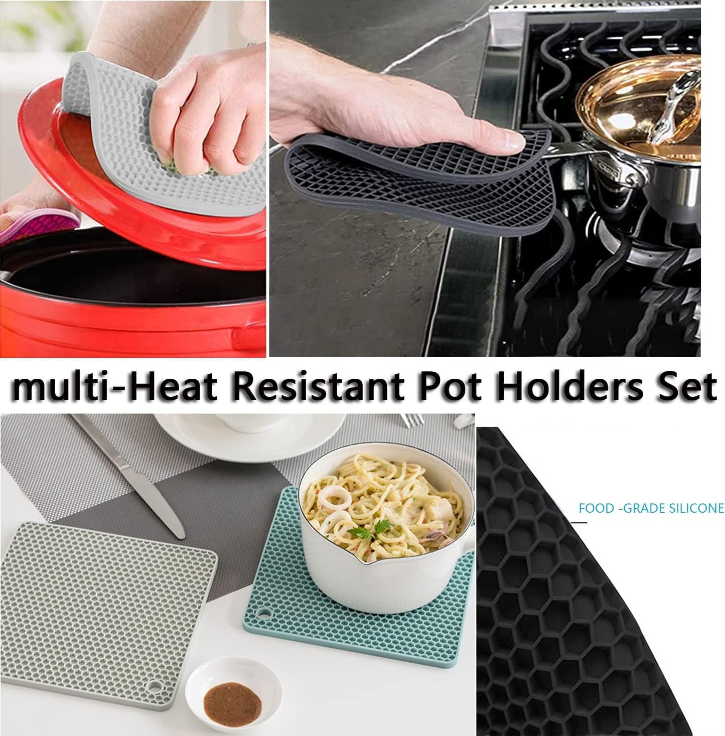 Silicone Trivet Pot Mat, Silicone Pot Holders for Hot Pan and Pot Pads. Heat Resistant Counter Mats for Tables Placemats,Countertops, Spoon Rest and Large Coasters,4 Pack Gray(2 Squared + 2 Round)