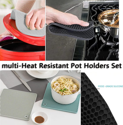 Silicone Trivet Pot Mat, Silicone Pot Holders for Hot Pan and Pot Pads. Heat Resistant Counter Mats for Tables Placemats,Countertops, Spoon Rest and Large Coasters,4 Pack Gray(2 Squared + 2 Round)