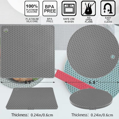 Silicone Trivet Pot Mat, Silicone Pot Holders for Hot Pan and Pot Pads. Heat Resistant Counter Mats for Tables Placemats,Countertops, Spoon Rest and Large Coasters,4 Pack Gray(2 Squared + 2 Round)
