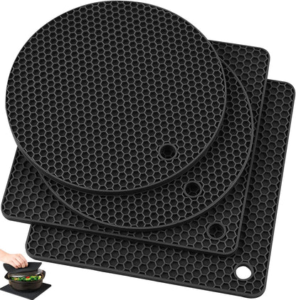 Silicone Trivet Pot Mat, Silicone Pot Holders for Hot Pan and Pot Pads. Heat Resistant Counter Mats for Tables Placemats,Countertops, Spoon Rest and Large Coasters,4 Pack Gray(2 Squared + 2 Round)