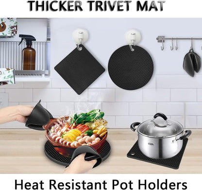 Silicone Trivet Pot Mat, Silicone Pot Holders for Hot Pan and Pot Pads. Heat Resistant Counter Mats for Tables Placemats,Countertops, Spoon Rest and Large Coasters,4 Pack Gray(2 Squared + 2 Round)