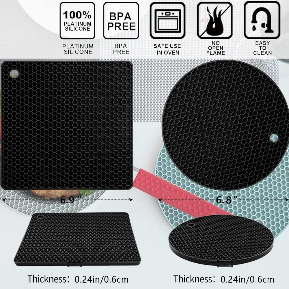 Silicone Trivet Pot Mat, Silicone Pot Holders for Hot Pan and Pot Pads. Heat Resistant Counter Mats for Tables Placemats,Countertops, Spoon Rest and Large Coasters,4 Pack Gray(2 Squared + 2 Round)