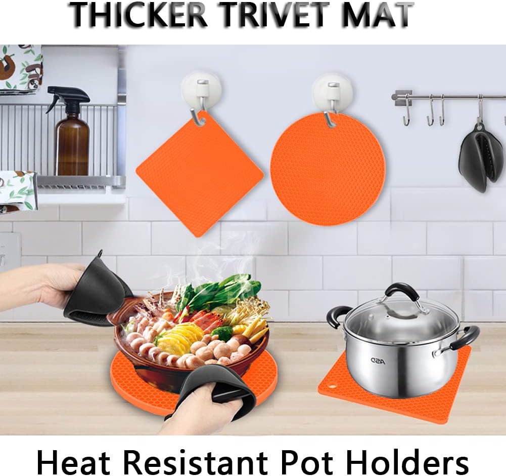 Silicone Trivet Pot Mat, Silicone Pot Holders for Hot Pan and Pot Pads. Heat Resistant Counter Mats for Tables Placemats,Countertops, Spoon Rest and Large Coasters,4 Pack Gray(2 Squared + 2 Round)