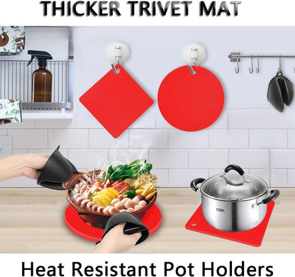 Silicone Trivet Pot Mat, Silicone Pot Holders for Hot Pan and Pot Pads. Heat Resistant Counter Mats for Tables Placemats,Countertops, Spoon Rest and Large Coasters,4 Pack Gray(2 Squared + 2 Round)