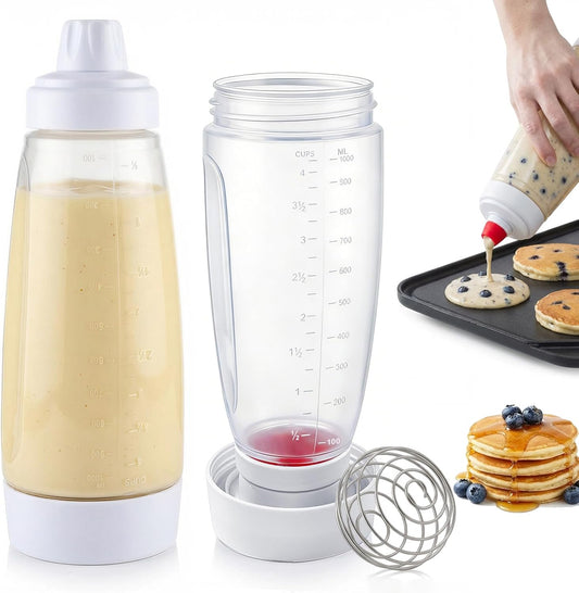 2-Pack Pancake Batter Dispenser & Mixer Bottle with Whisk Ball | BPA-free 34oz dispenser with heat-resistant silicone tip. Ideal for Blackstone griddles, waffles, crepes & cupcake baking.