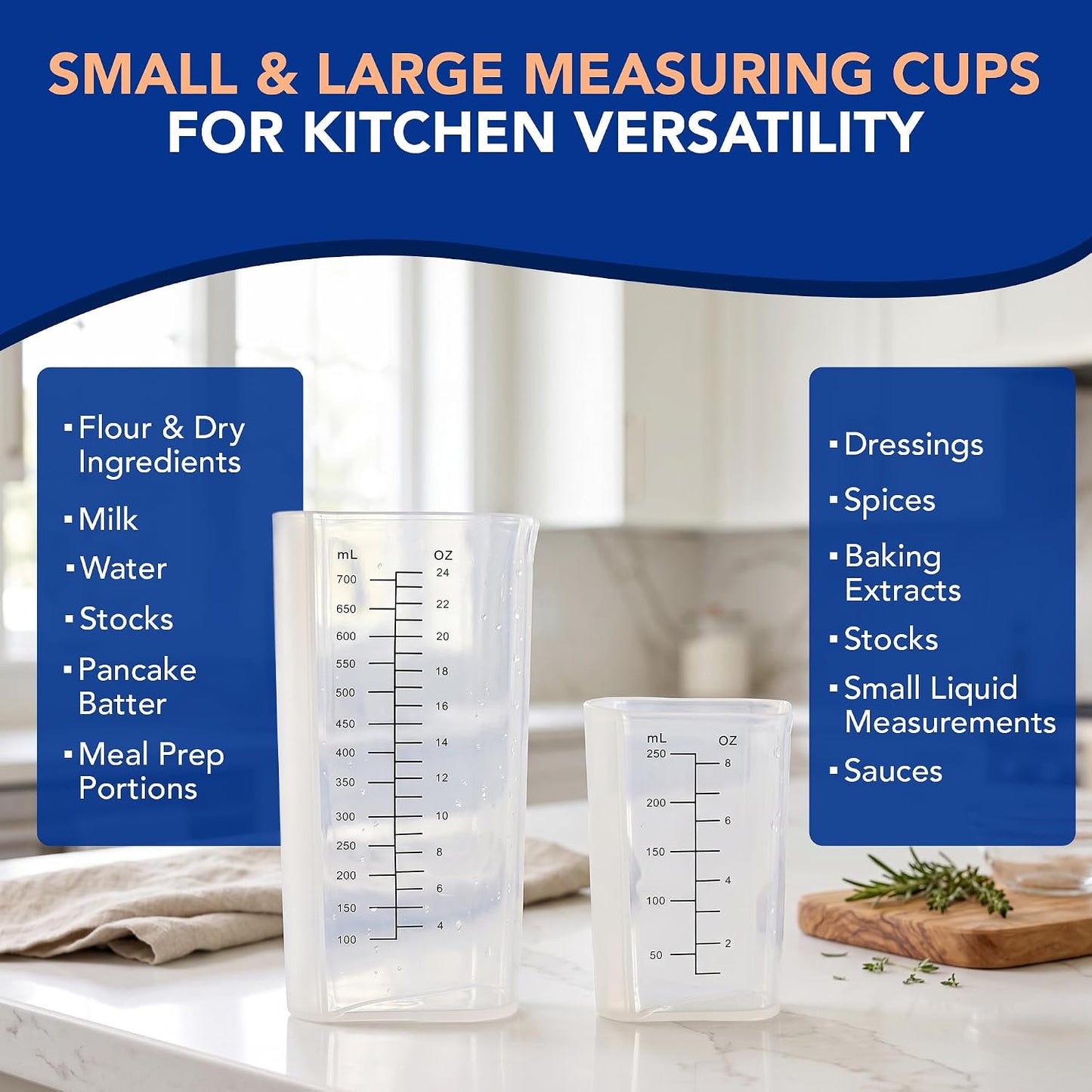 Plastic Measuring Cups Set of 2 (1 Cup & 3 Cup) - Tall, Thin, No Handle, Non-Slip Grip, Narrow V Shaped Angled Silicone Pouring Spout, Easy to Read Measurements (Cups, Oz & mL), Dishwasher-Safe