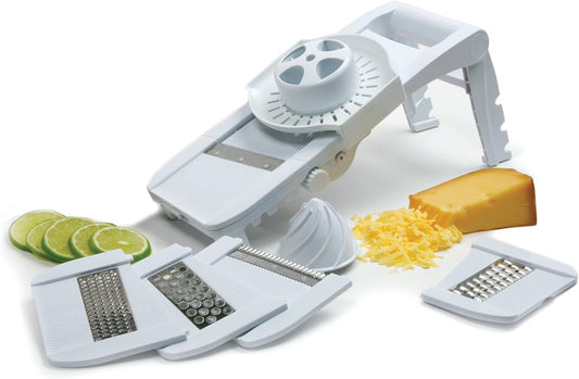 Deluxe Mandoline Slicer, Grater, Shredder, Julienne and Juicer w/ Safety Guard White