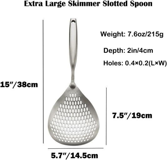 15 Inch Large Skimmer Slotted Spoon 304 Stainless Strainer Spoon | Kitchen Cooking Frying Draining Spoon Rustproof, Integral Forming, Durable, Ergonomic Handle, Dishwasher Safe