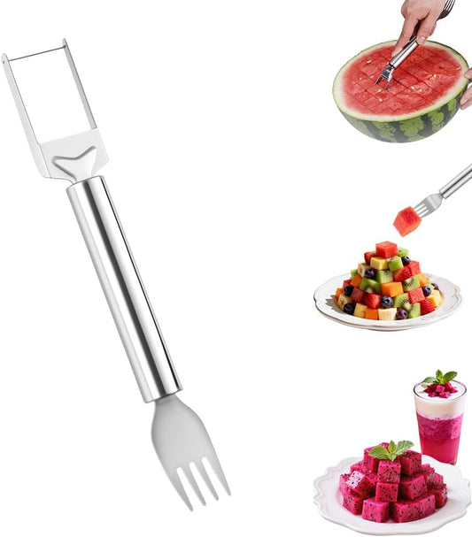 2-in-1 Stainless Steel Fruit Cutter, Watermelon Fork Slicer (1Pack) | Dual Head Watermelon Slicer Tool with Fork for Cubes, Fruit Knife with Round Handle, for Home Kitchen, Picnic & Party