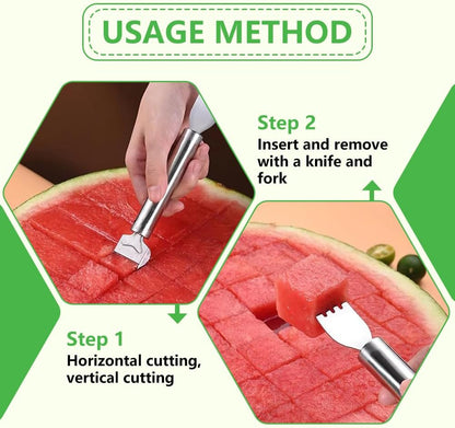 2-in-1 Stainless Steel Fruit Cutter, Watermelon Fork Slicer (1Pack) | Dual Head Watermelon Slicer Tool with Fork for Cubes, Fruit Knife with Round Handle, for Home Kitchen, Picnic & Party