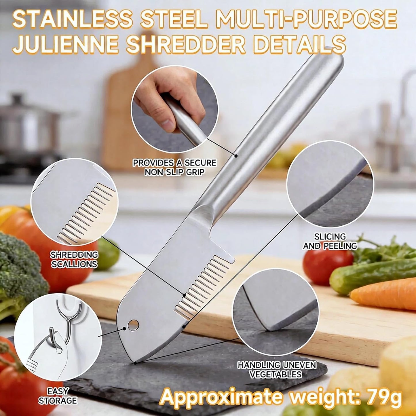 Stainless Steel Scallion Cutter, 2-in-1 Julienne Shredder | Precision julienne blade, ergonomic handle, scallion & green onion shredder, hanging hole