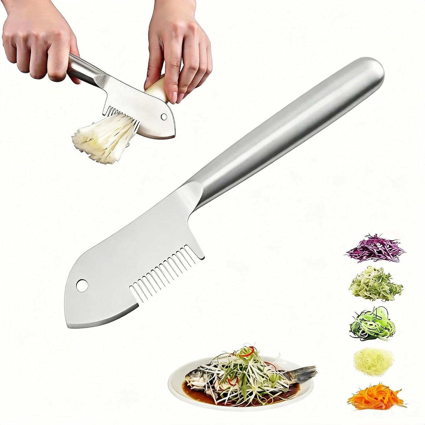 Stainless Steel Scallion Cutter, 2-in-1 Julienne Shredder | Precision julienne blade, ergonomic handle, scallion & green onion shredder, hanging hole