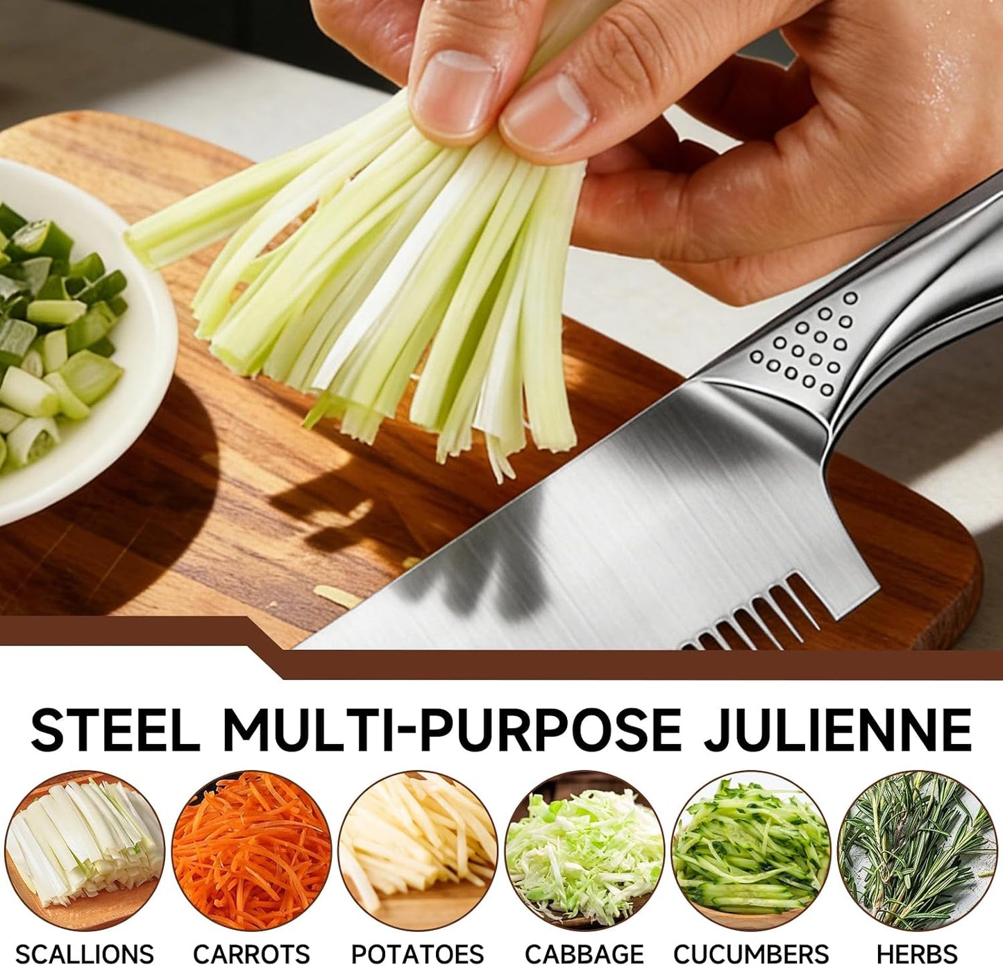 Stainless Steel Scallion Cutter, 2-in-1 Julienne Shredder | Precision julienne blade, ergonomic handle, scallion & green onion shredder, hanging hole