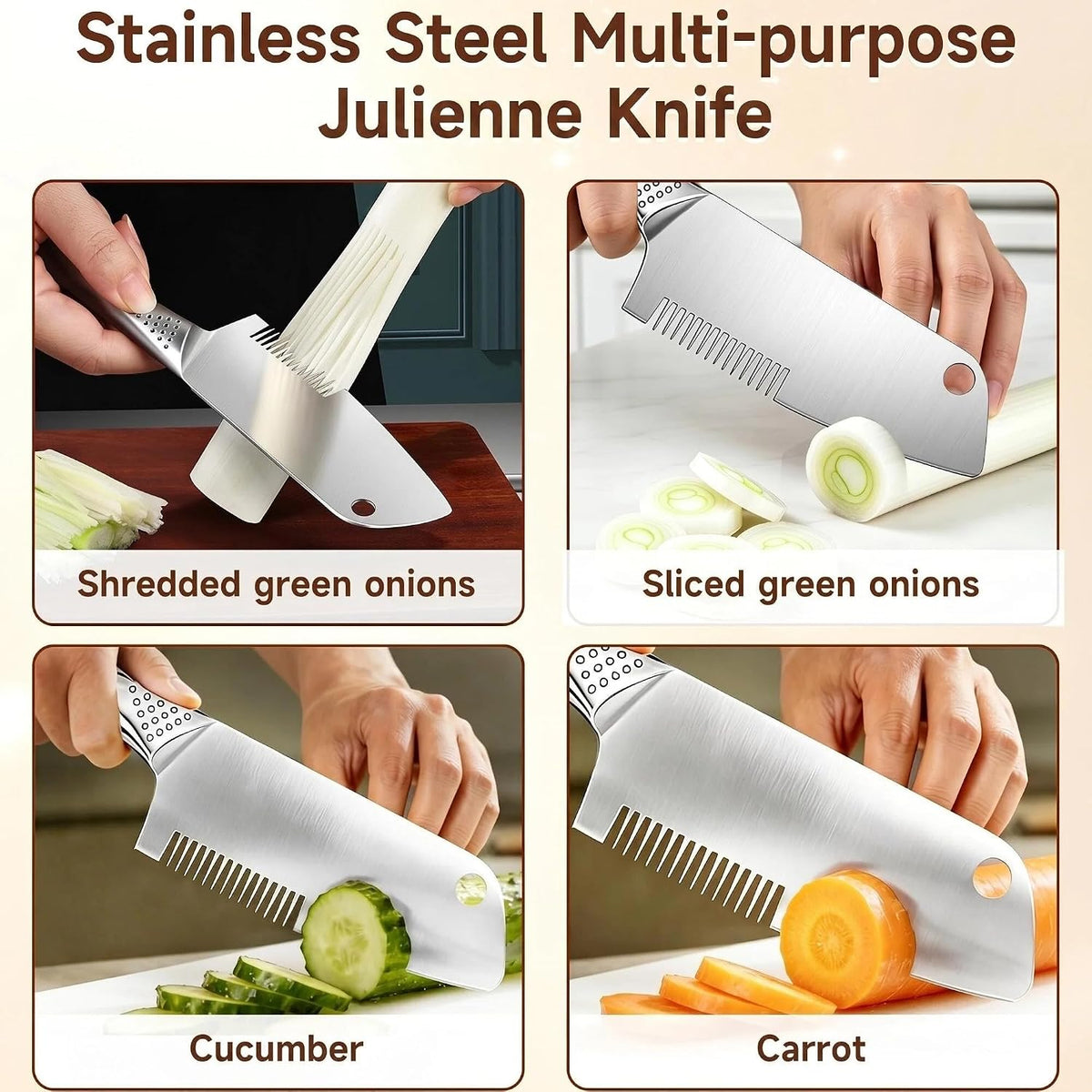 Stainless Steel Scallion Cutter, 2-in-1 Julienne Shredder | Precision julienne blade, ergonomic handle, scallion & green onion shredder, hanging hole