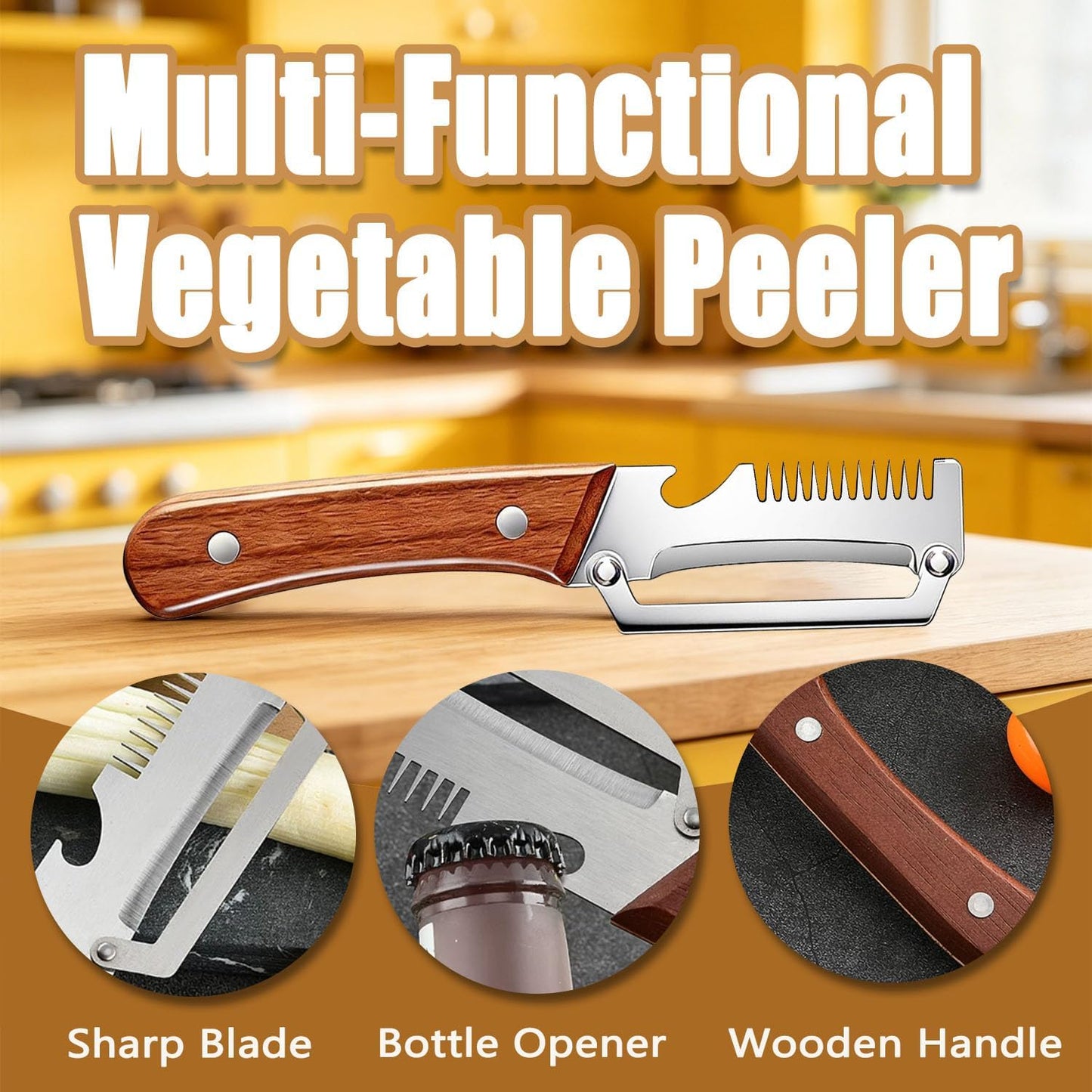 2Pcs Multi Functional Vegetable Peeler for Kitchen, with Bottle Opener and Wooden Handle, 3-in-1 Stainless Steel Kitchen Tool for Fruit Potato Pumpkin(3 in 1)