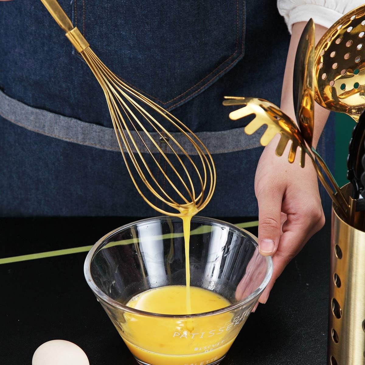 Gold Whisk, Whisk For Cooking With Titanium Gold Plating, Stainless Steel Balloon Whisk, Sturdy Kitchen Wire Whisk Set for Cooking, Baking, Blending, Beating, Dishwasher Safe, Easy to Clean