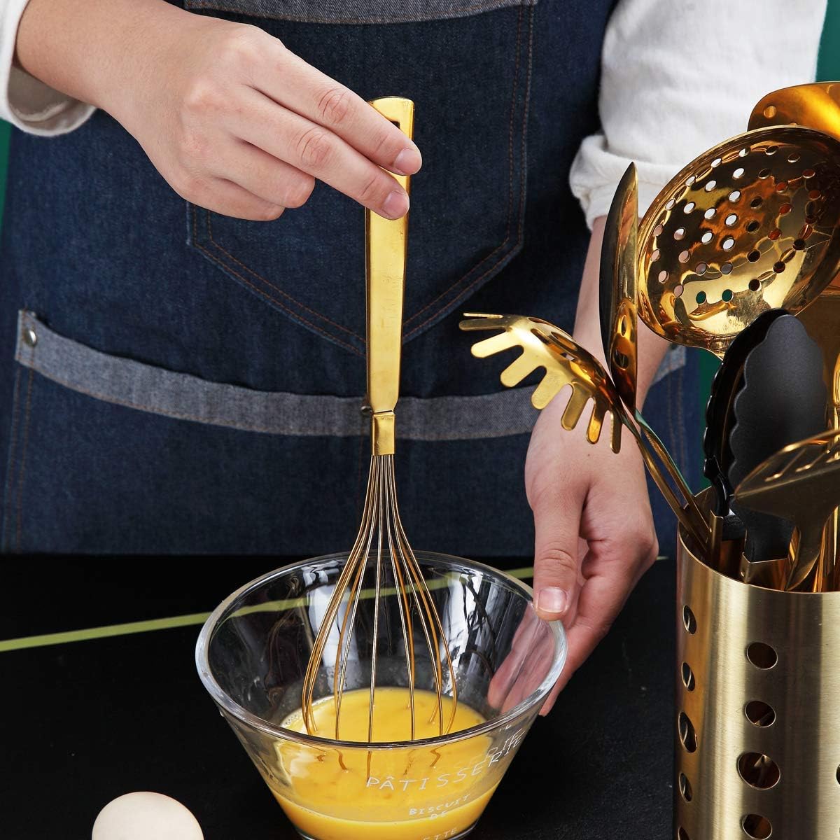 Gold Whisk, Whisk For Cooking With Titanium Gold Plating, Stainless Steel Balloon Whisk, Sturdy Kitchen Wire Whisk Set for Cooking, Baking, Blending, Beating, Dishwasher Safe, Easy to Clean