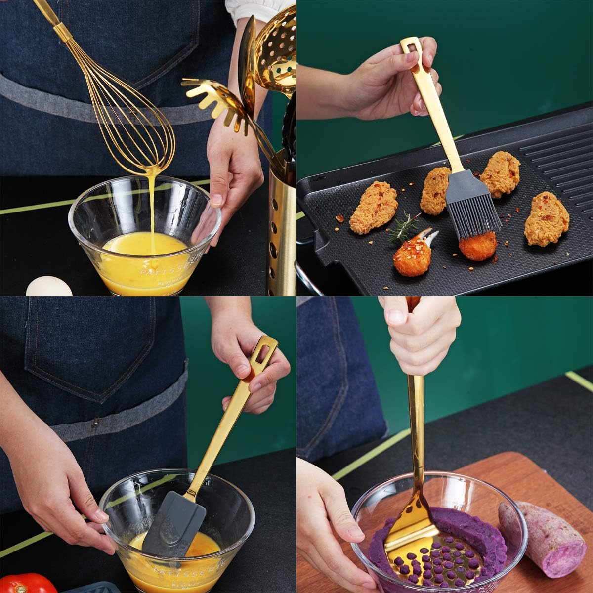 Gold Whisk, Whisk For Cooking With Titanium Gold Plating, Stainless Steel Balloon Whisk, Sturdy Kitchen Wire Whisk Set for Cooking, Baking, Blending, Beating, Dishwasher Safe, Easy to Clean