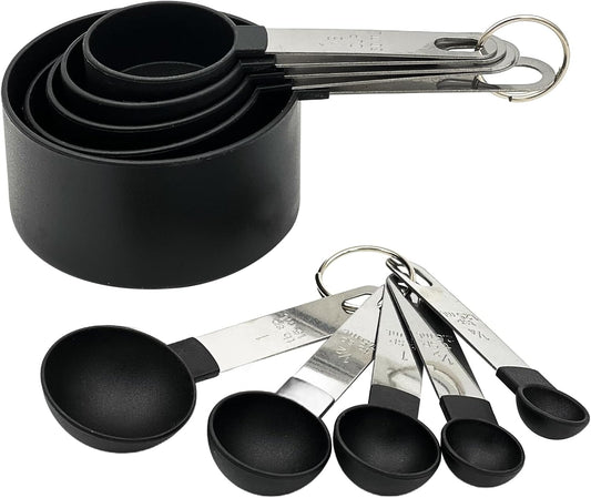 Black Measuring Cups & Spoons Set, Stackable Nesting Measuring Cups with Stainless Steel Handles, 10-Piece Kitchen Baking Tools