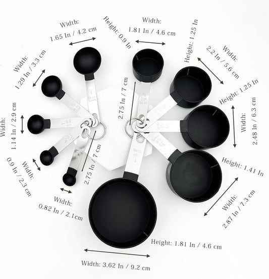 Black Measuring Cups & Spoons Set, Stackable Nesting Measuring Cups with Stainless Steel Handles, 10-Piece Kitchen Baking Tools