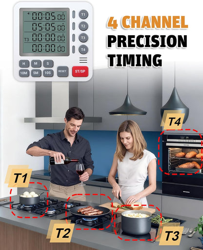Digital Kitchen Timer - 4-Channel Cooking Timer with Alarm, Magnetic Back, Loud & Silent Modes, Count Up/Down, Ideal for ovens, Seniors, Kids and classrooms, Replaceable AAA Battery