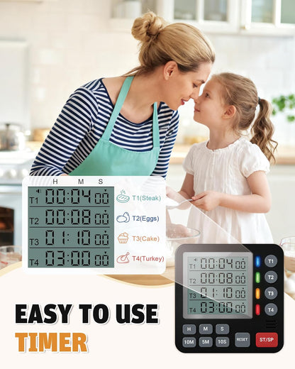 Digital Kitchen Timer - 4-Channel Cooking Timer with Alarm, Magnetic Back, Loud & Silent Modes, Count Up/Down, Ideal for ovens, Seniors, Kids and classrooms, Replaceable AAA Battery