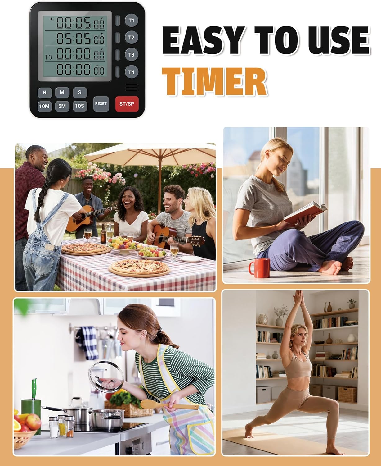 Digital Kitchen Timer - 4-Channel Cooking Timer with Alarm, Magnetic Back, Loud & Silent Modes, Count Up/Down, Ideal for ovens, Seniors, Kids and classrooms, Replaceable AAA Battery