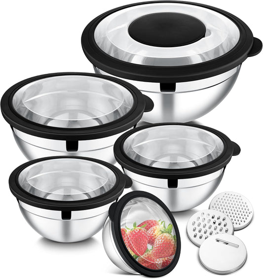 Mixing Bowls Set of 5, Stainless Steel Salad Mixing Bowl with Transparent Lid, Metal Nesting Bowl Attach with 3 Graters for Kitchen Prepping/Serving/Baking/Storage, 4.6/2.6/1.5/1/0.7 QT - Black