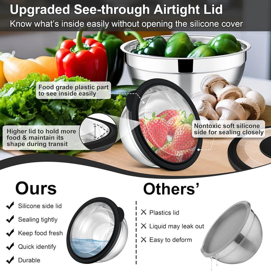 Mixing Bowls Set of 5, Stainless Steel Salad Mixing Bowl with Transparent Lid, Metal Nesting Bowl Attach with 3 Graters for Kitchen Prepping/Serving/Baking/Storage, 4.6/2.6/1.5/1/0.7 QT - Black