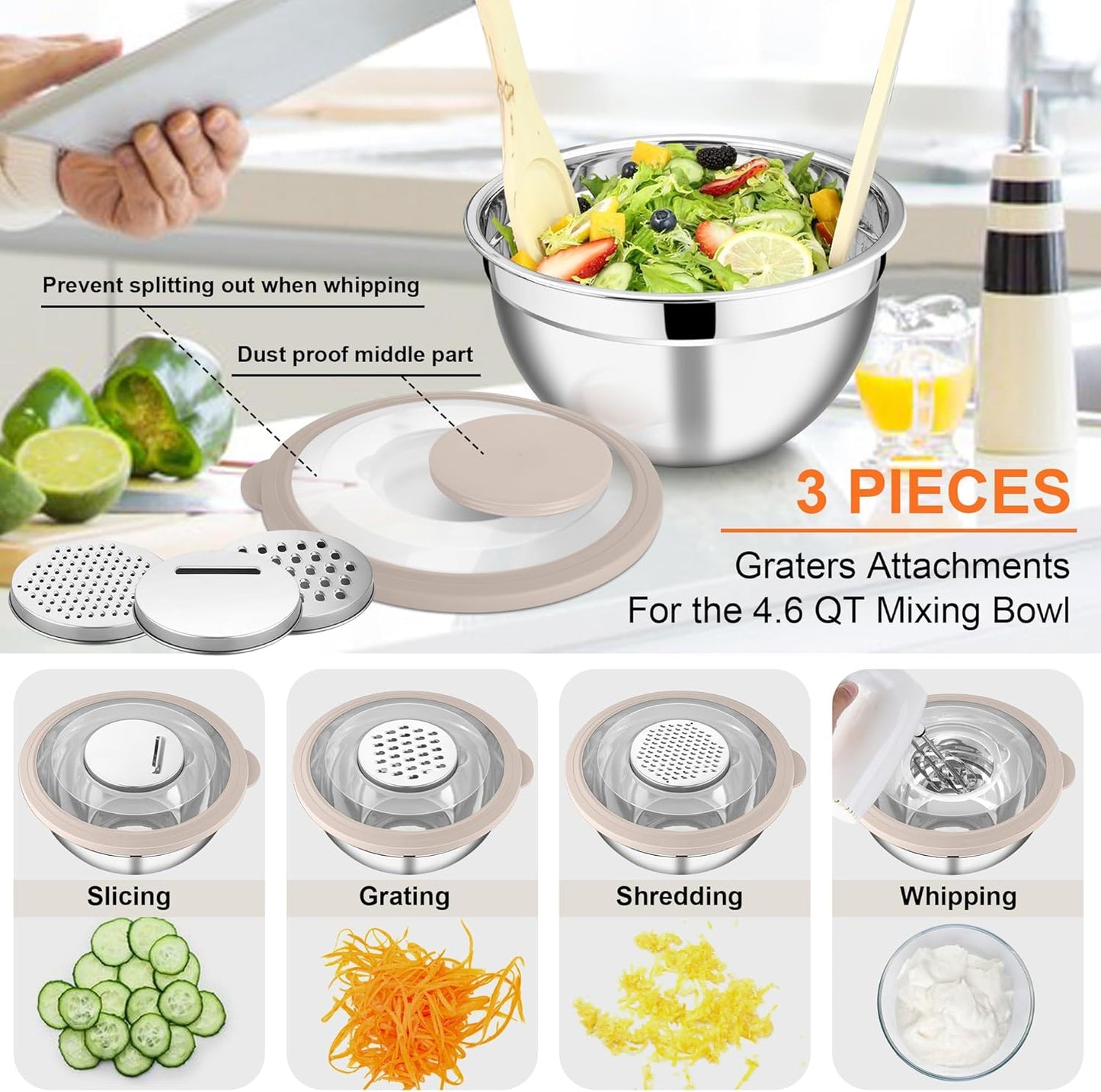 Mixing Bowls Set of 5, Stainless Steel Salad Mixing Bowl with Transparent Lid, Metal Nesting Bowl Attach with 3 Graters for Kitchen Prepping/Serving/Baking/Storage, 4.6/2.6/1.5/1/0.7 QT - Black