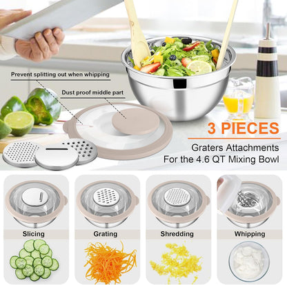 Mixing Bowls Set of 5, Stainless Steel Salad Mixing Bowl with Transparent Lid, Metal Nesting Bowl Attach with 3 Graters for Kitchen Prepping/Serving/Baking/Storage, 4.6/2.6/1.5/1/0.7 QT - Black