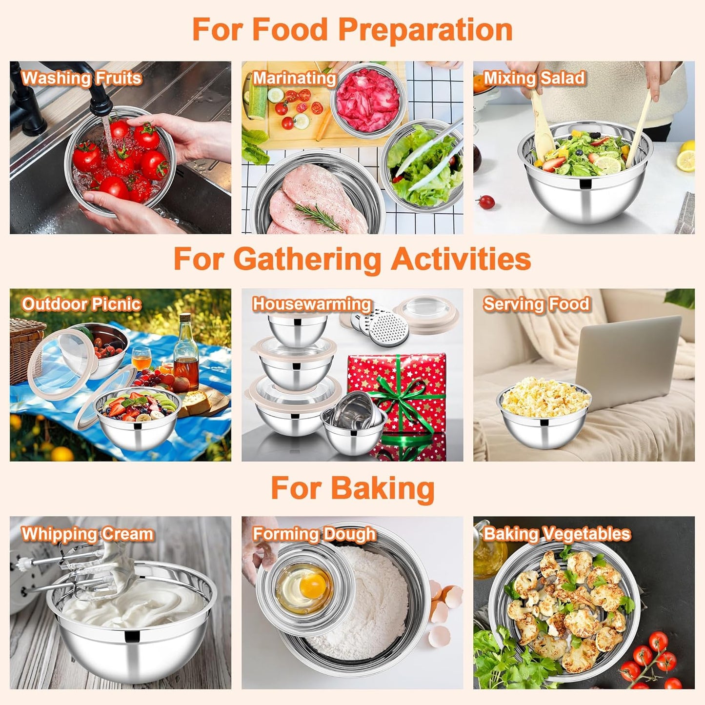 Mixing Bowls Set of 5, Stainless Steel Salad Mixing Bowl with Transparent Lid, Metal Nesting Bowl Attach with 3 Graters for Kitchen Prepping/Serving/Baking/Storage, 4.6/2.6/1.5/1/0.7 QT - Black