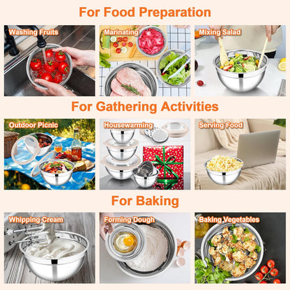 Mixing Bowls Set of 5, Stainless Steel Salad Mixing Bowl with Transparent Lid, Metal Nesting Bowl Attach with 3 Graters for Kitchen Prepping/Serving/Baking/Storage, 4.6/2.6/1.5/1/0.7 QT - Black