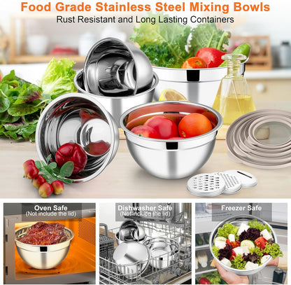 Mixing Bowls Set of 5, Stainless Steel Salad Mixing Bowl with Transparent Lid, Metal Nesting Bowl Attach with 3 Graters for Kitchen Prepping/Serving/Baking/Storage, 4.6/2.6/1.5/1/0.7 QT - Black