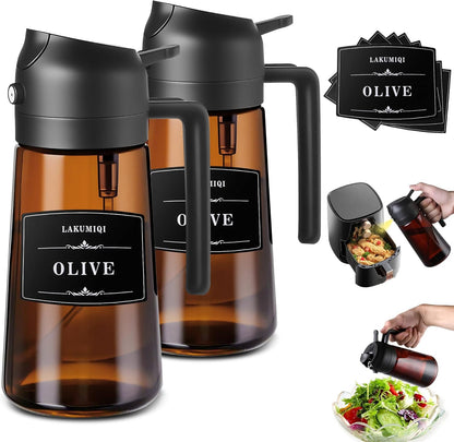 Oliver Oil Sprayer Dispenser for Cooking Bottle 16oz Dark Glass 2pcs Black | 2-in-1 Lightproof Borosilicate Glass Oil Bottle, Wide Mouth for Easy Refill Clean