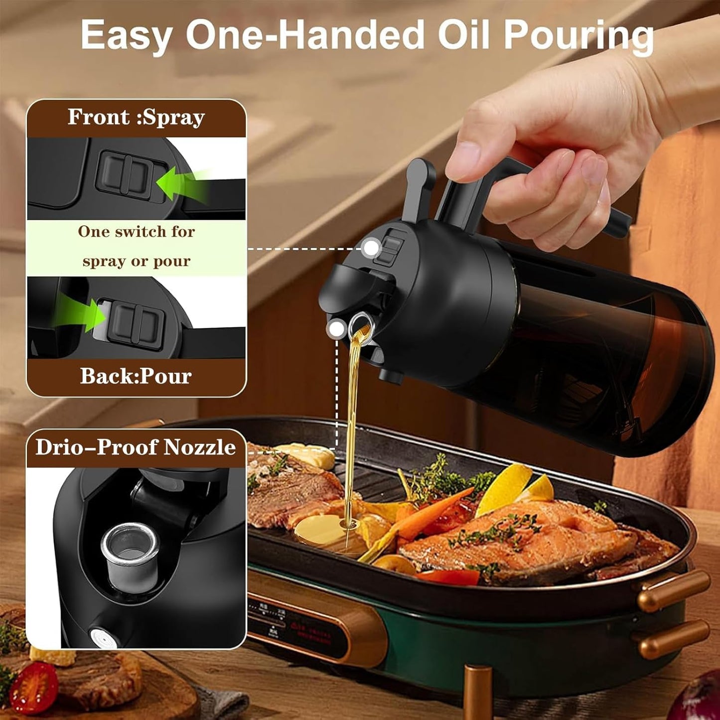 Oliver Oil Sprayer Dispenser for Cooking Bottle 16oz Dark Glass 2pcs Black | 2-in-1 Lightproof Borosilicate Glass Oil Bottle, Wide Mouth for Easy Refill Clean