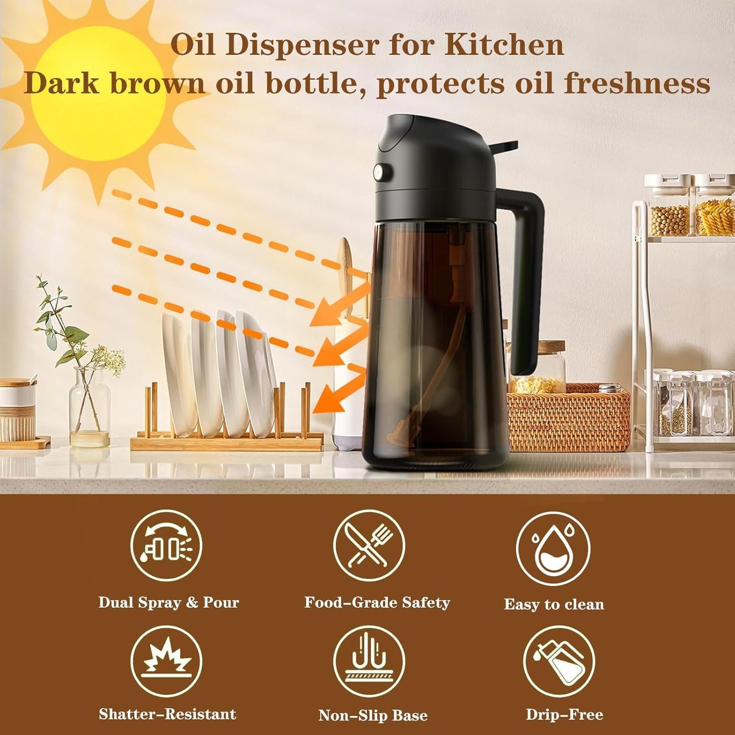 Oliver Oil Sprayer Dispenser for Cooking Bottle 16oz Dark Glass 2pcs Black | 2-in-1 Lightproof Borosilicate Glass Oil Bottle, Wide Mouth for Easy Refill Clean