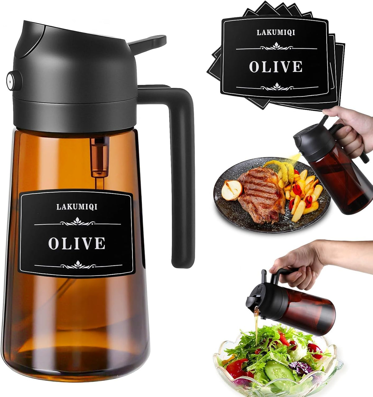 Oliver Oil Sprayer Dispenser for Cooking Bottle 16oz Dark Glass 2pcs Black | 2-in-1 Lightproof Borosilicate Glass Oil Bottle, Wide Mouth for Easy Refill Clean