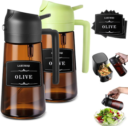 Oliver Oil Sprayer Dispenser for Cooking Bottle 16oz Dark Glass 2pcs Black | 2-in-1 Lightproof Borosilicate Glass Oil Bottle, Wide Mouth for Easy Refill Clean