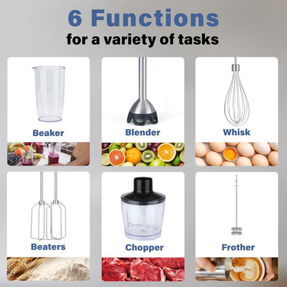 Immersion Blender Handheld, 6 in 1 Hand Blender, 12 Speed Stainless Steel Immersion Blender, Whisk, Chopper, Beaker, Beaters, Milk Frother