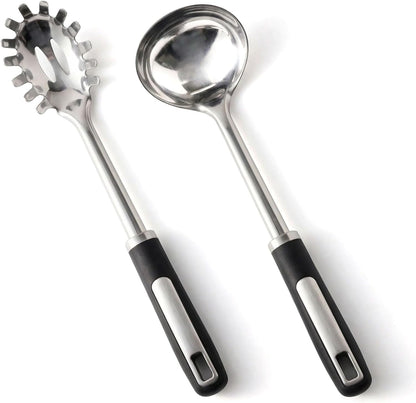 Stainless Steel Ladle and Pasta Server Set | Food-Grade Thickened Metal Soup Ladle & Spaghetti Spoon, Durable Cooking Utensils for Pasta, Soup & Everyday Kitchen Use